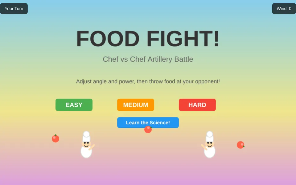 Food Fight: two chefs facing each other under a sunset sky, with Easy, Medium and Hard buttons.