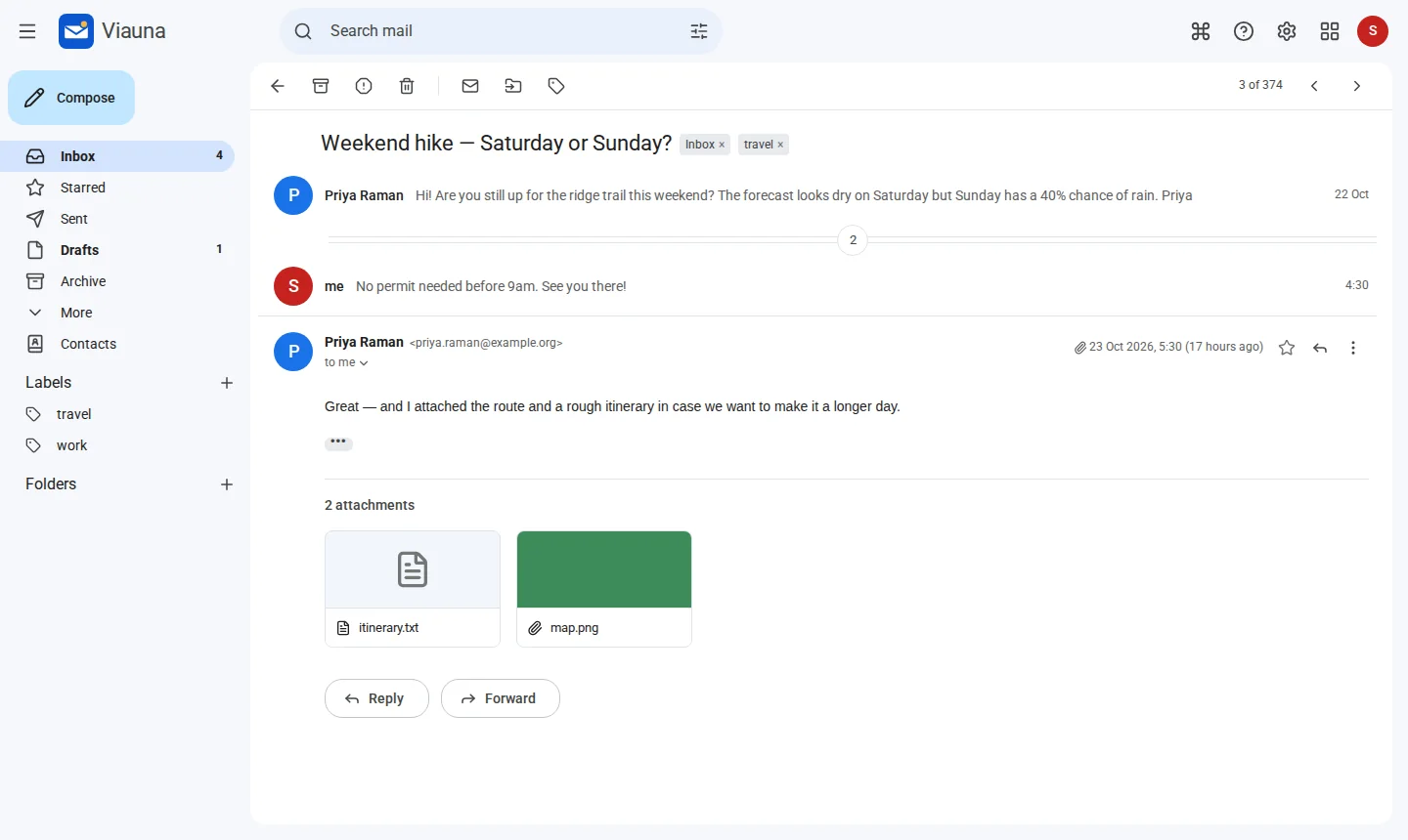 A conversation in Viauna: three messages in a thread, two attachments, and Reply and Forward buttons.